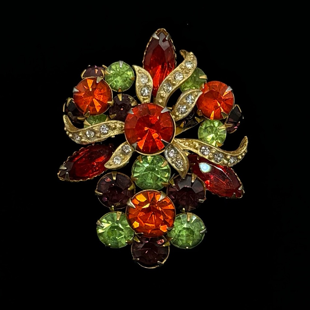 VINTAGE Gold-Tone Multicolor Crystal Brooch